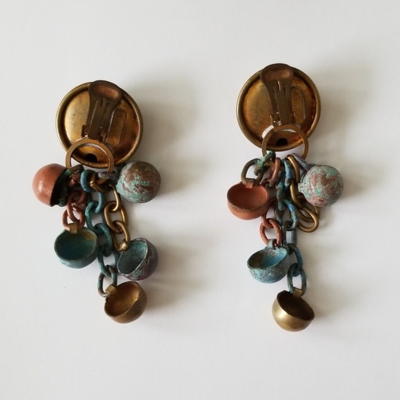 Dannah Designer Dangling Clip On Copper Brass Patina Link Handmade Earrings - Picture 3 of 16